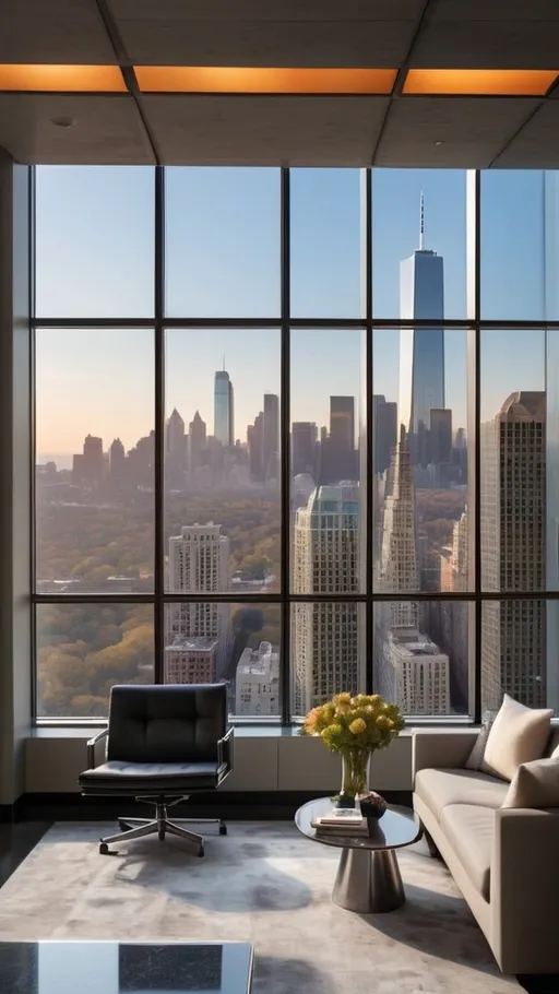 Prompt: The city buzzed with life outside a penthouse office, but inside it was a fortress of silence and steel floor-to-ceiling windows that showcased a skyline