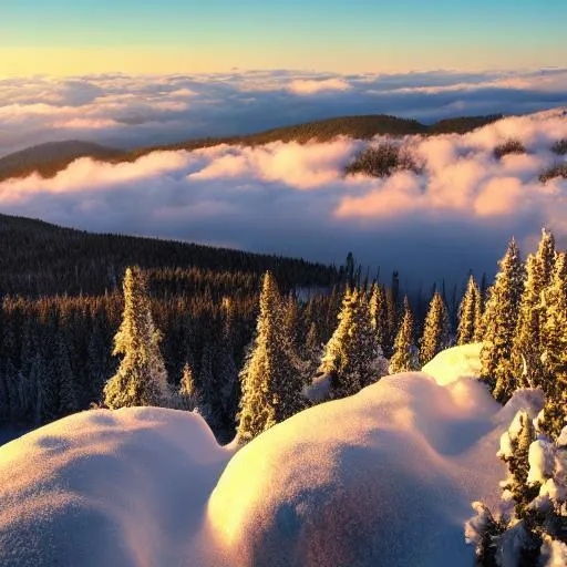 Prompt: snowy mountain range, pine trees, sun rise, fluffy clouds, view from the top of a mountain