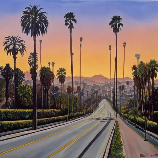 Prompt: Painting of sunset boulevard in Los Angeles 
