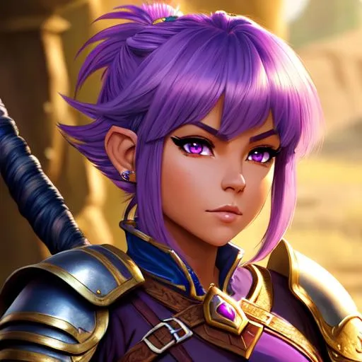 Prompt: oil painting, D&D fantasy, tanned-skinned-gnome girl, tanned-skinned-female, short, beautiful, short bright purple hair, bangs and ponytail hair, ready for battle, pointed ears, looking at the viewer, Warrior wearing intricate armor outfit, #3238, UHD, hd , 8k eyes, detailed face, big anime dreamy eyes, 8k eyes, intricate details, insanely detailed, masterpiece, cinematic lighting, 8k, complementary colors, golden ratio, octane render, volumetric lighting, unreal 5, artwork, concept art, cover, top model, light on hair colorful glamourous hyperdetailed medieval city background, intricate hyperdetailed breathtaking colorful glamorous scenic view landscape, ultra-fine details, hyper-focused, deep colors, dramatic lighting, ambient lighting god rays, flowers, garden | by sakimi chan, artgerm, wlop, pixiv, tumblr, instagram, deviantart