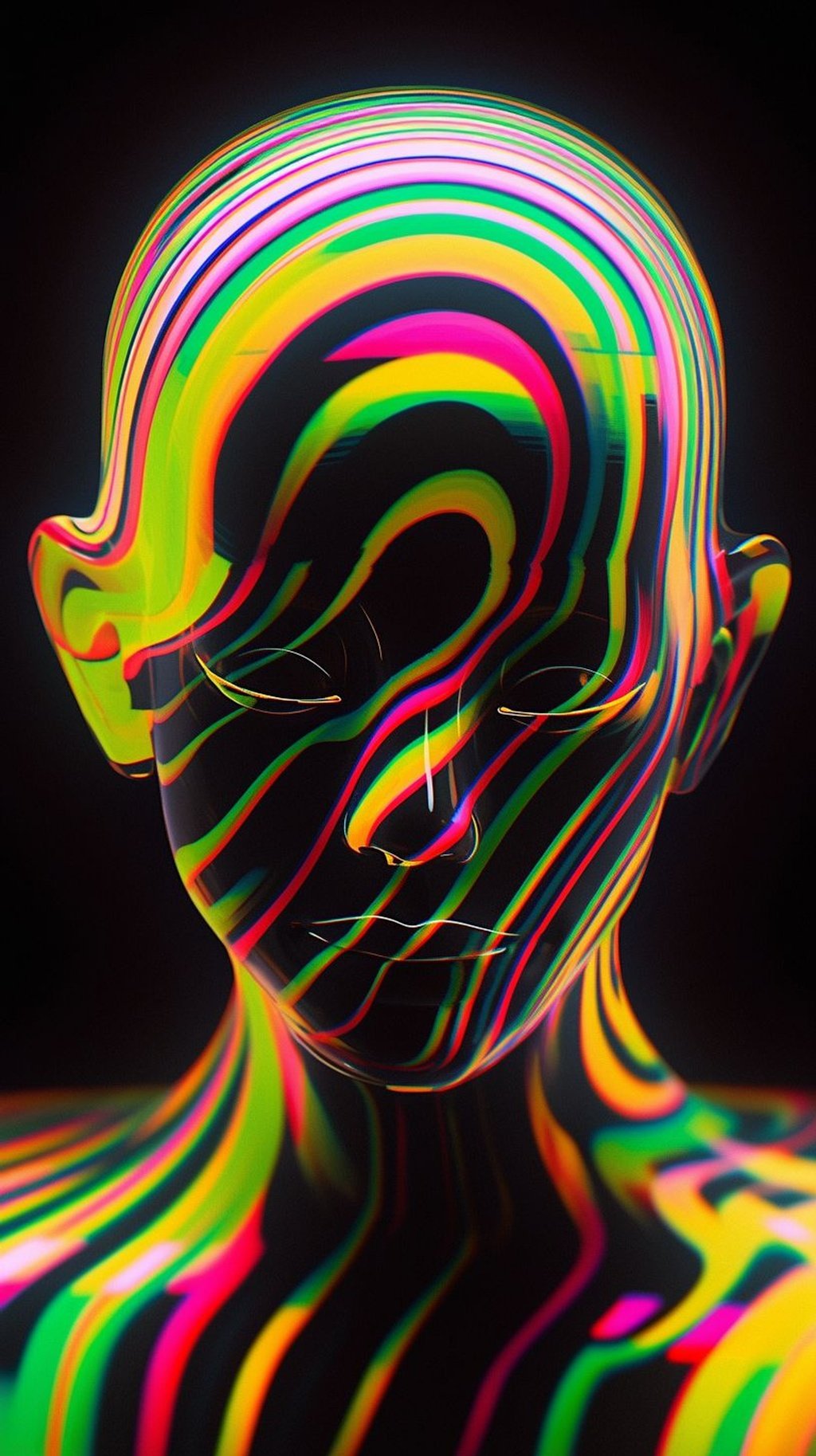 Prompt: a male head in an image with a colorful pattern, in the style of luminous 3d objects, double lines, realistic human figures, striped painting, futuristic sleekness, symmetrical, human anatomy