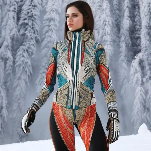 Prompt: A winter sports suit for women decorated with pharaonic drawings mixed with a modern design 