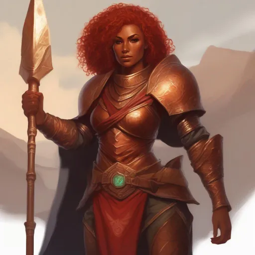 Prompt: dnd a dwarvern woman with red fiery curly hair with dark tan skin wearing bronze armor sun goddess 