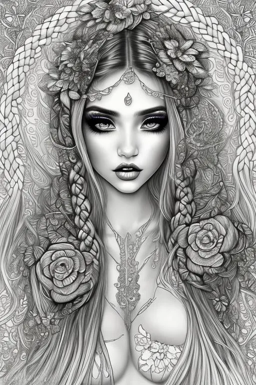 Prompt: coloring page , black and white of detailed beautiftul fantasy girl, with flowers,  clear facial features, symmetrical ,long light braided hair with pearls,  smooth lines, beautfiful , dreamy, details, black and white, simple, 