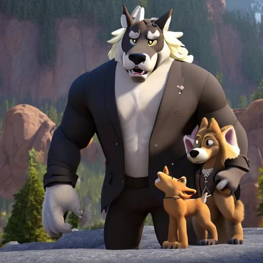 Prompt: Linnux the big buff anthro wolf is  wearing black business suit loves young human, on "Rock dog style"