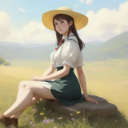 Prompt: A country styled girl in a meadow, sitting on a rock, with a sun hat, LGBTQ+ dress, perfect features, extremely detailed, realistic. Krenz Cushart + loish +gaston bussiere +craig mullins, j. c. leyendecker +Artgerm, 