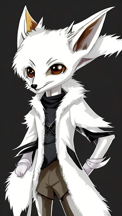 Prompt: Anime white anthropomorphic young,short,skinny,serious,handsome male fennec fox cub character with black pointy ears and white and black hetechromia dressing medieval druid clothes. Black empty background. 