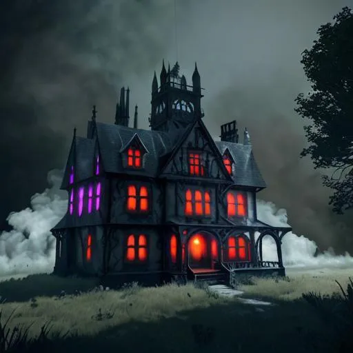 Prompt: Gothic house with colourful smoke, in a haunted wood, Unreal Engine 