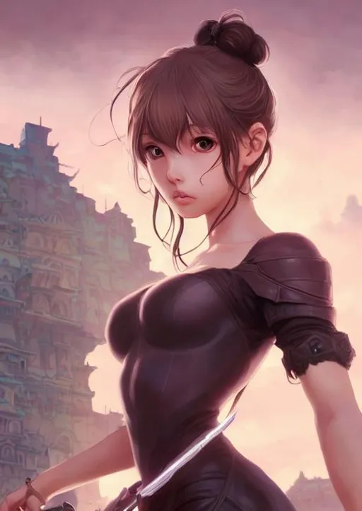 Prompt: portrait of a {warrior girl as a fantasy thief}, smooth soft skin, big dreamy eyes, beautiful intricate beard, symmetrical, clothing, soft lighting, detailed face, by leiji matsumoto, stanley artgerm lau, wlop, rossdraws, concept art, digital painting, looking into camera, pillars and ruins in the distance