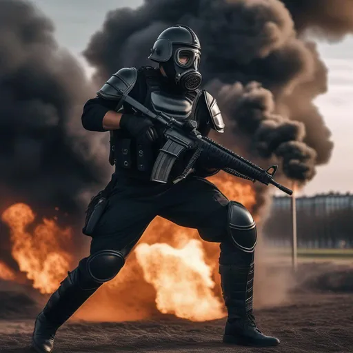 Prompt: A modern roman military male in black military armor, and gas mask, background Battlefield in Paris, Hyperrealistic, sharp focus, Professional, UHD, HDR, 8K, Render, electronic, dramatic, vivid, pressure, stress, nervous vibe, loud, tension, traumatic, dark, cataclysmic, violent, fighting, Epic