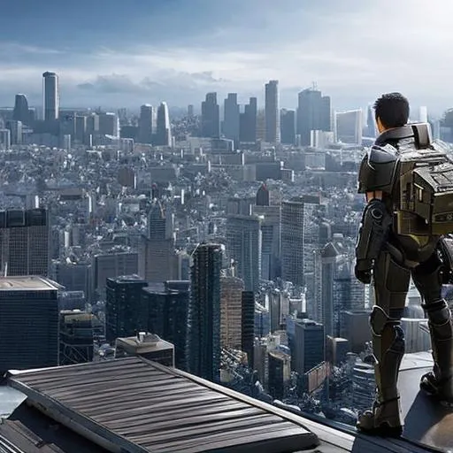Prompt: A man on a rooftop, overlooking a war thorn city, Halo, warhammer 40.000 space marine, Gundam Iron blooded orphans, darker than black, jormungand, one's out, ergo proxy, fate stay night, ghost in the shell, Tokyo ghoul, psycho-pass, realistic, realisme, hyper realisme, realistic proportions, symmetrical 