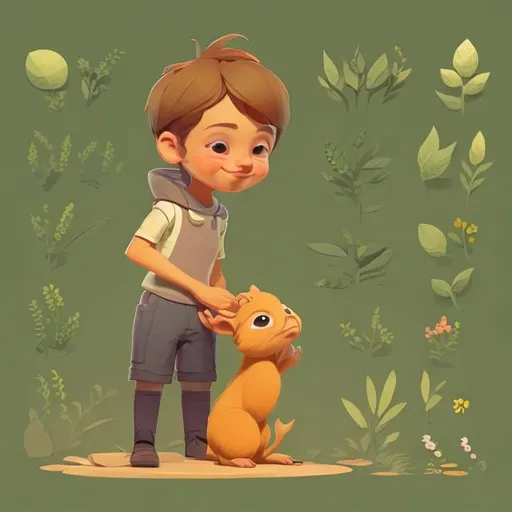 Prompt: character design full body of someone petting a small animal illustration by karl kopinski warm colors green values