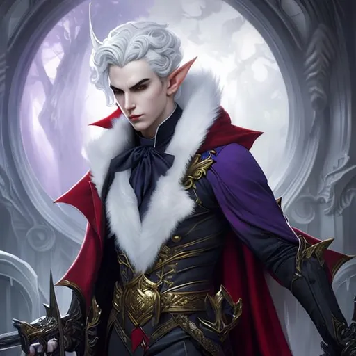Prompt: Splash art of male vampire, elf, 35 years old, youthful, handsome, white haired man, with short wavy white hair, {WHITE eyebrows}, red eyes, suave, victorian dark clothes, purple clothes, elegant, highly detailed, intricate, smooth, sharp focus, artstation, digital painting, concept art, art by greg rutkowski, alphonse mucha and John William Waterhouse, hedonistic, decadent, sensual, dark