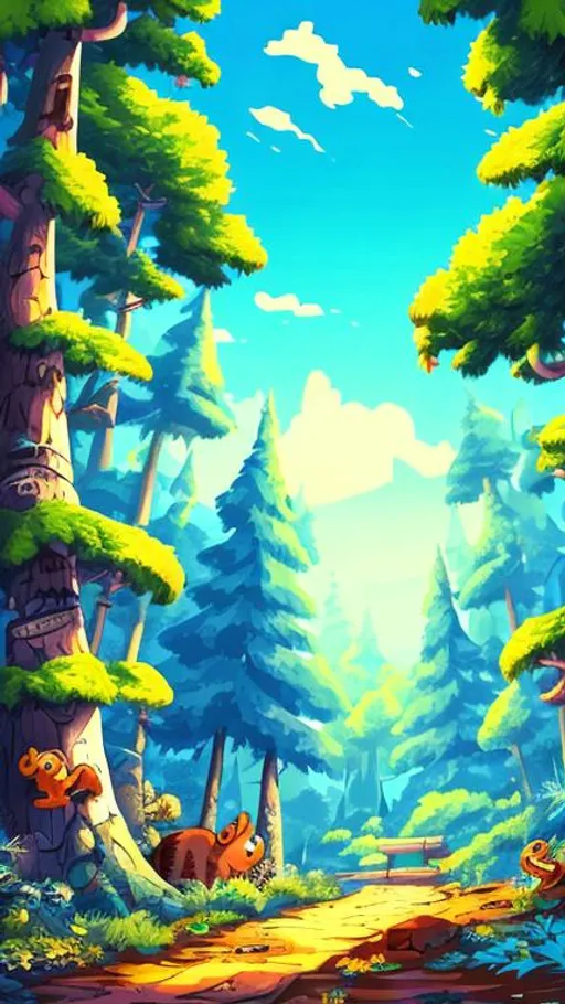 Prompt: game art, backgroud texture with blue sky and forest,cartoon style,with animals