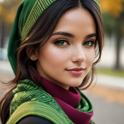 Prompt: a woman wearing a green scarf