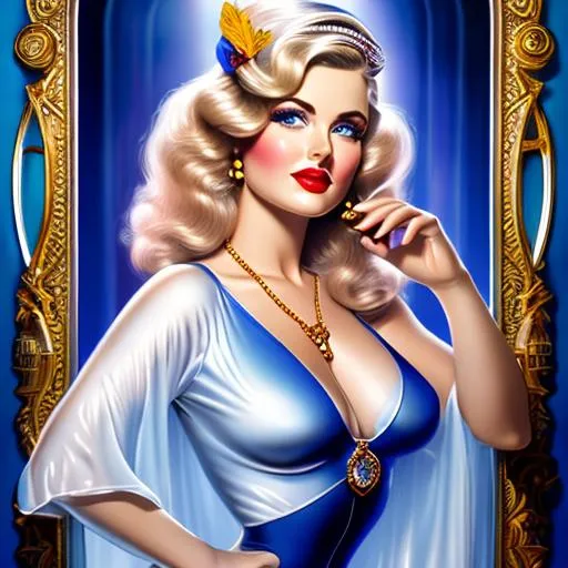 Prompt: Pin-up, (((hyperrealistic))), (((feet and head visible))), with turbulent blonde hair, blue eyes are drop shaped and slanted, exagerated wide hips, exagerated well endowed, wears a (((translucent negligee))), pearl necklace, hands placed on both sides of a doorframe, by Andrew Adroschenko, Josephine Wall,  Android Jones , makoto shinkai 