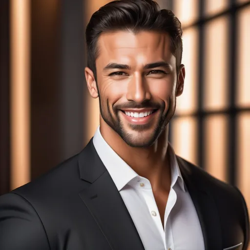 Prompt: Attractive, masculine, very muscular, tan, businessman, small beard, tight black tailored suit, confident posture, smiling, professional ambiance, high quality, realistic, detailed facial features, cool tones, lighting, professional, realistic, detailed, confident, tailored suit, conservative, republican, smiling, masculine, muscular, tan, high quality, cool tones, professional ambiance