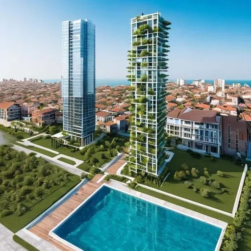 Prompt: A complete body form of a stunningly beautiful, hyper realistic sustainable with garden skyscraper at the beach over a skyline of an Adriatic Sea town
