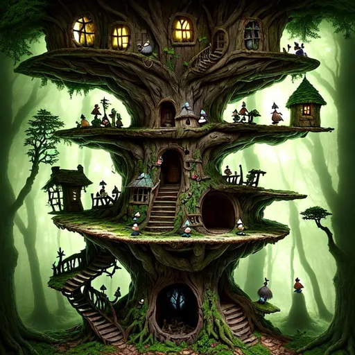 Prompt: Old hollow tree in an old forrest, Windows, holes and stairs and latters, populated by tiny gnomes, dreamlike, atmospheric, high detail, intricate, daylight