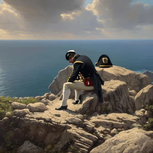 Prompt: From oil on canvas painting of a man with black hair, in 17th century french military general uniform not wearing any hats, sitting on a rocky Cliffside, with his officer hat placed next to him on a separate rock to hyper realistic photograph, unreal engine 5, good shaders, added shadows to increase details