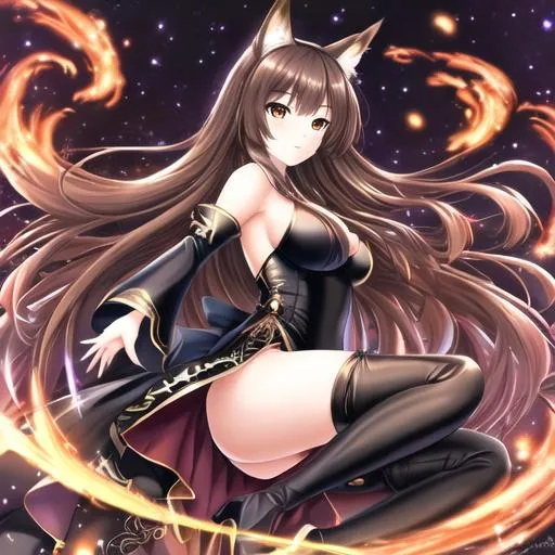 Prompt: oil painting, UHD, hd , 8k,  anime, hyper realism, Very detailed, zoomed out view, clear visible face, full body in view, clear visible face, fox girl character with long dark brown hair, wears a black dress  thigh high boots,