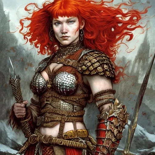 Prompt: 16th century warrior woman with red hair, Red Sonja, beautiful, fantasy, style of Marco d’Oggiono