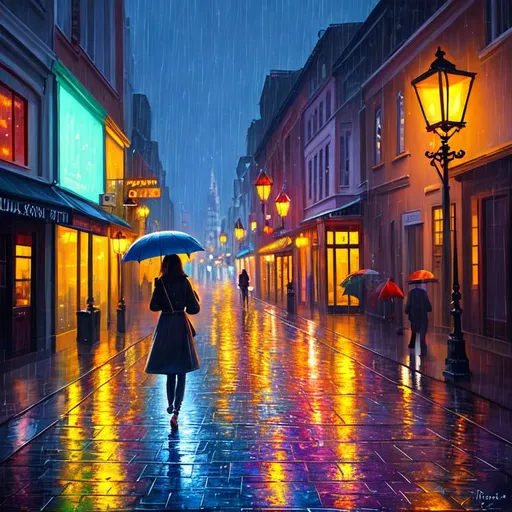 Prompt: a pixar style painting of a person with an umbrella walking down a sidewalk in a city, rain, nighttime, soft light, art, painting, sweet, fireflies