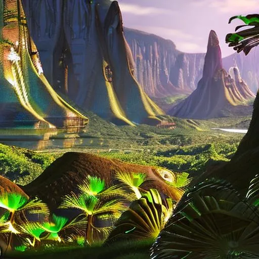 Prompt: A group of future explorers at a futuristic Hawaiian civilization found in a valley between mountains of an alien world with alien plants, cinematic lighting photo-realistic

