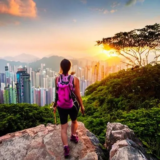 Prompt: A beautiful lady hikes in Hong Kong under sunset