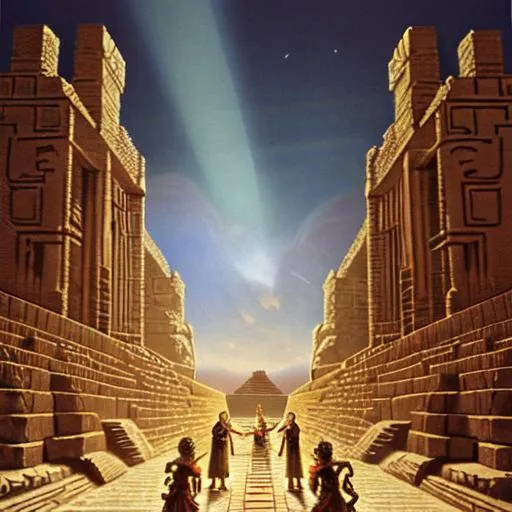 Prompt: Enki and Enlil arguing outside the great Ziggurat of Babylon, 8k, highly detailed, ethereal lighting