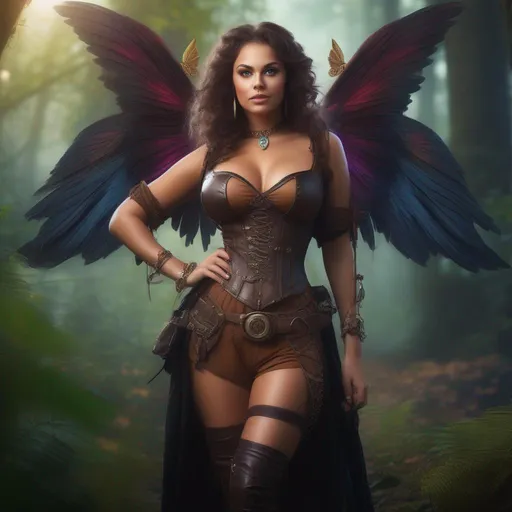 Prompt: Epic. Cinematic. 4k.  8k.  Wide angle. Full body shot. Hyper realistic painting. Concept art. matte painting. Detailed Illustration. photo real. A beautiful, buxom woman with broad hips. extremely colorful, bright eyes,  standing in a forest by a sleepy town. Shes a Steam Punk style witch.  A Winged fairy, with a skimpy, very sheer, gossamer, flowing outfit.  A picturesque Halloween night. 