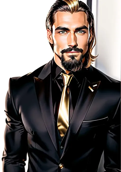 Prompt: muscular Australian man wearing black suit, straight nose, brown hair with gold highlights, slicked back hair, light beard and goatee, broad shoulders, very large arms, symmetrical face, dark muted lighting, facing camera