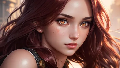 Prompt: hyperdetailed, extremely long red wavy hair  girl, blushing, toned body, showing  midriff, highly detailed face, highly detailed eyes, full body, whole body visible, full character visible, soft lighting, high definition, ultra realistic, 2D drawing, 8K, digital art by Ilya Kuvshinov, steampunk style