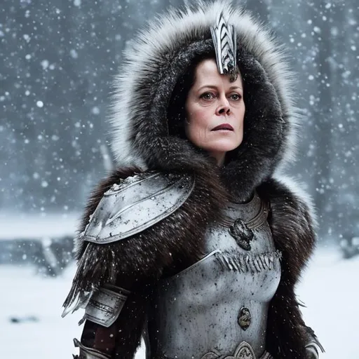 Prompt: sigourney weaver, warrior queen, silver crown, grey armor, winter furs