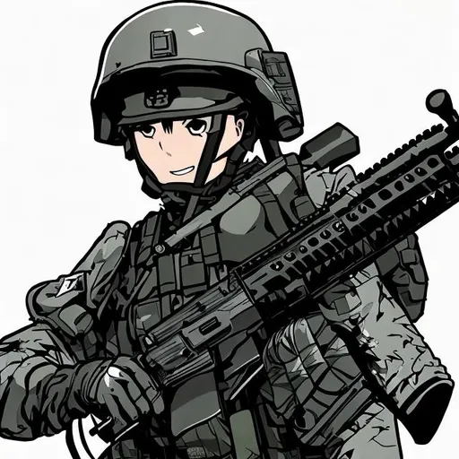 Prompt: Anime style picture of swat guy holding assault rifle