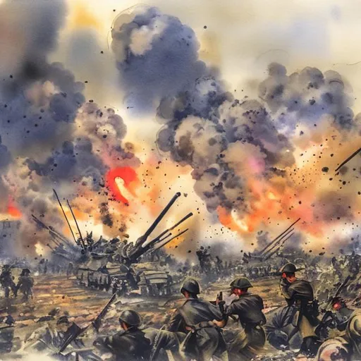 Prompt: Artillery Fire Battle of Manila 1945 in watercolor
