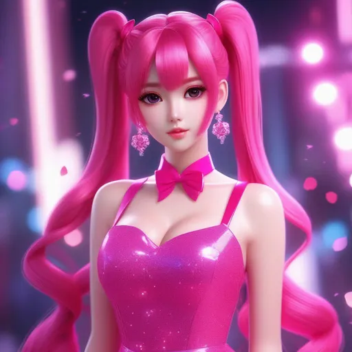 Prompt: 3d anime woman hot pink long pigtails hair and hot pink dress hot pink glitter and beautiful pretty art 4k full HD