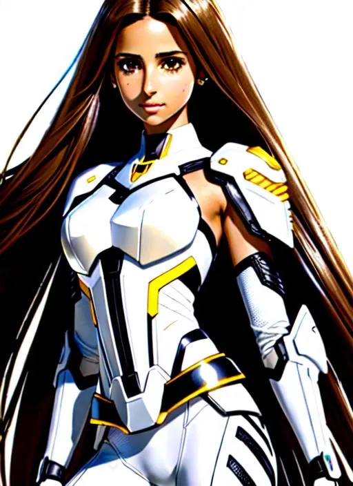 Prompt: full body semi-realistic anime girl, Naomi Scott, skin highlights, hair highlights, long brown hair, holding magic sword, wearing white exo suit, blushing, tribal village background, adult researcher, glamour, tan skin
wonderful face, very detailed face, extremely detailed face, highly detailed face, soft smile, happy,
perfect face, perfect eyes, perfect teeth, perfect body, perfect anatomy, beautiful body, trending on instagram, trending on tiktok, trending on artstation, trending on cgsociety, white sclera,
photorealistic, masterpiece, cinematic, 16k artistic photography, epic, drama, 
romance, glamour, beauty, 
cinematic lighting, dramatic lighting, insanely detailed, soft natural volumetric cinematic lighting, award-winning photography, rendering, hd, high definition, 
highly detailed