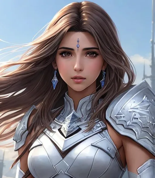 Prompt: a final fantasy watercolor concept art with Naomi Scott, brown hair, realistic face, in white Dragoon Artifact armor, parted bangs, brown eyes, detailed floating city background,  ethereal, jewelry set balayage wild hair, royal vibe, highly detailed, digital painting, Trending on artstation , HD quality, tan skin, Big Eyes,artgerm,by yoshitaka amano