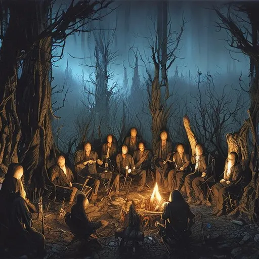 Prompt: 6 computer scientists around a camp fire, in night, singing, three man and one woman with guitar, style: john howe, creepy, highly detailed