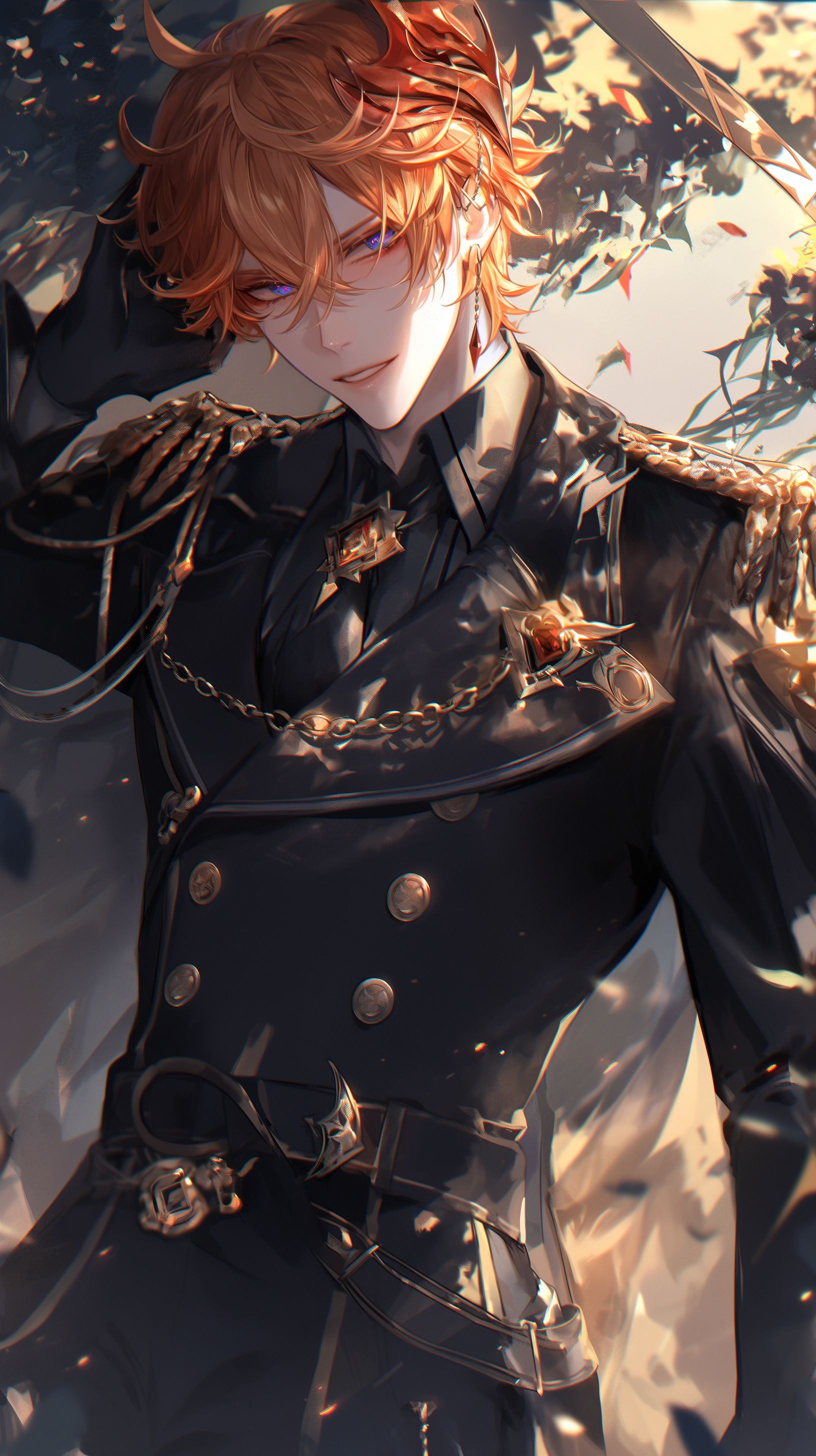 Prompt: tartaglia from genshin impact, dressed in a black band uniform, with dark black makeup, and eye liner, half smile, intense eyes, standing infront of a black parade float with black flowers floating down around him. The only thing that is red is the delusion (pin) on his torso, the black parade --ar 9:16 --niji 6