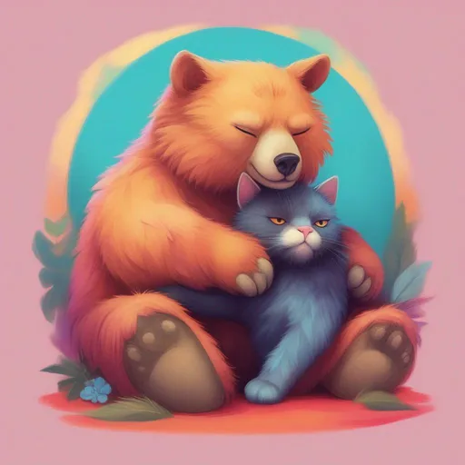 Prompt: A house cat cuddling on top of a bear in a colourful and semi-realistic painted style