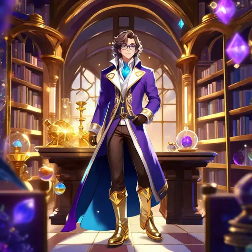 Prompt: Third person, feminine adult male, gameplay, alone, high quality, magical boy with shoulder length wavy hair, bright purple eyes, extravagant magical blue coat with gold trim, white dress pants, brown adventurer boots with gold, magical boy outfit with diamond motif, glasses, gold timepiece on wrist, gloves, cool atmosphere, magical scientist island, magical laboratory with high bookshelves and a giant window, Studio Ghibli, Sailor Moon, extremely detailed print by Hayao Miyazaki, magical scientist