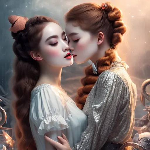 Prompt: Beautiful open mouth kissing women, literally  peach skin tone, black and white clothes, legs floating, human body with bone shadows, right hand making peace pose, left arm holding the waist, pretty, covered in nightly glow with detailed silver features under the moon with illuminating moonshine beams, she has black and ginger hair in pigtails; high resolution,  digital painting, extreme detail, 120k,  ultra hd, hyper detailed, white, wlop, digital painting; crystal body