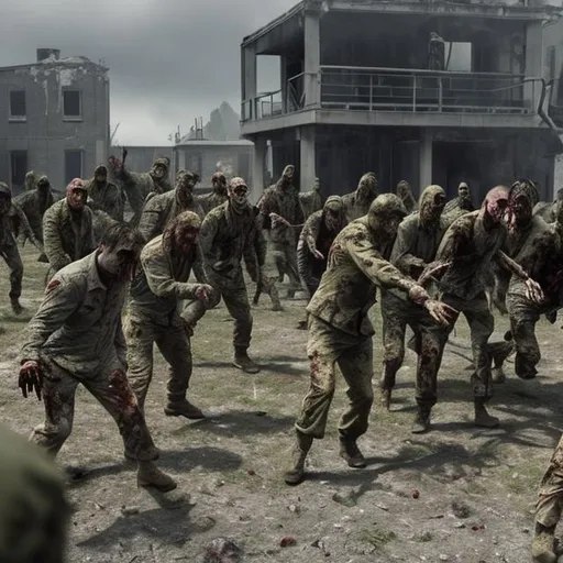 Prompt: an military base getting attaked by zombies 