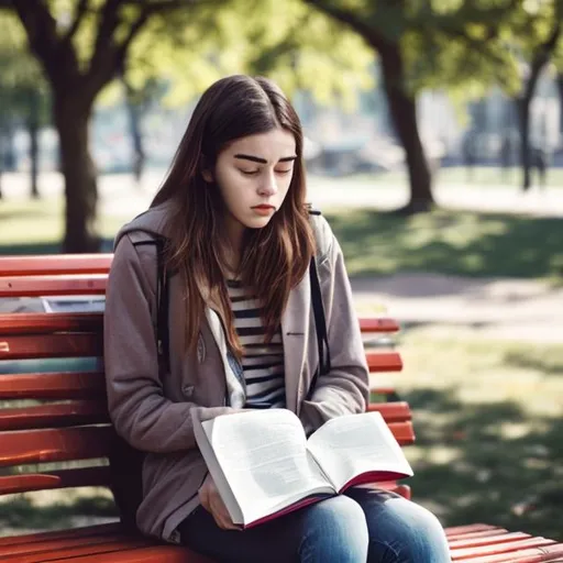 Prompt: young woman sitting alone on a park bench faking that she is reading the book but actually lingering the intimacy of human touch