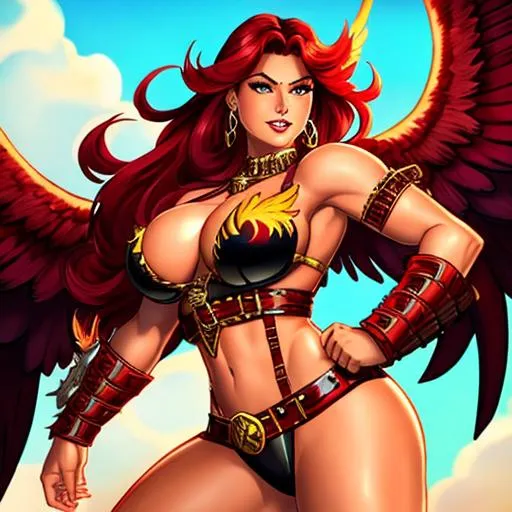 Prompt: action pinup of barbarian woman, full body, phoenix in the background, the highest quality