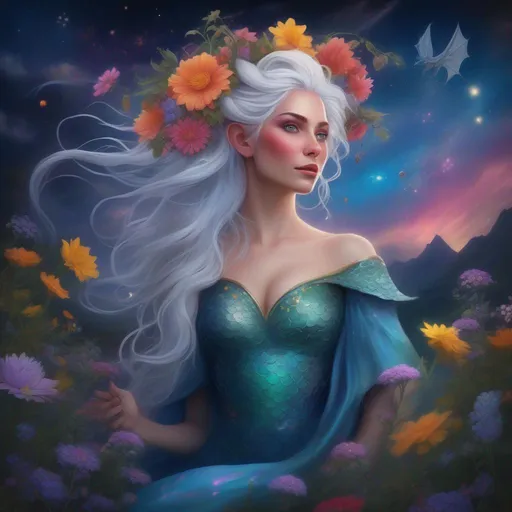Prompt: A colourful and beautiful Persephone, she is a dragon woman, with scales for skin, horns and white hair with a dragon tail. In a beautiful flowing dress made of wildflowers. Framed by a nighttime sky of clouds, stars and constellations. In a photorealistic painted Disney style.