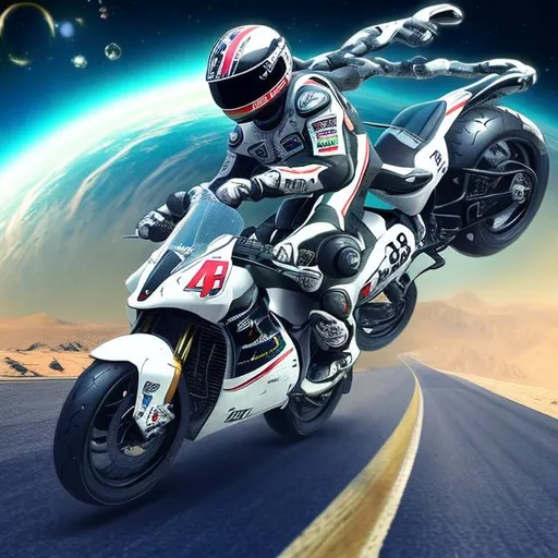 Prompt: motorcycle racing, on twisting road suspended in space, between planets, lots of stars, space dust, future, realistic, detailed,