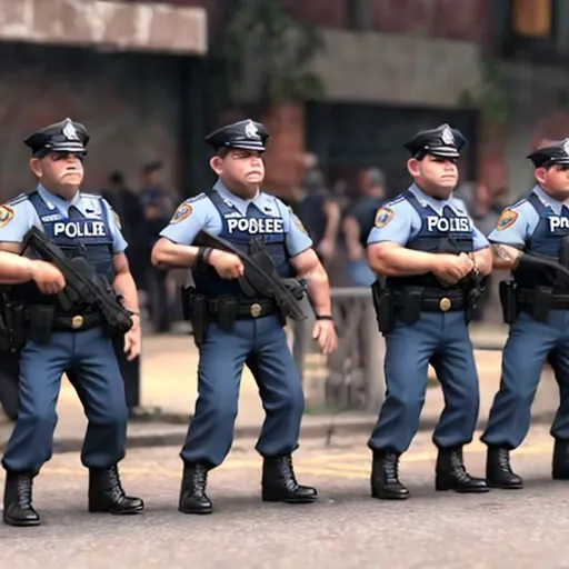 Prompt: Five bipedal pig-police officers in uniform backed up against a wall by a large crowd of angry, fed up citizens ready to attack them Photo realistic.